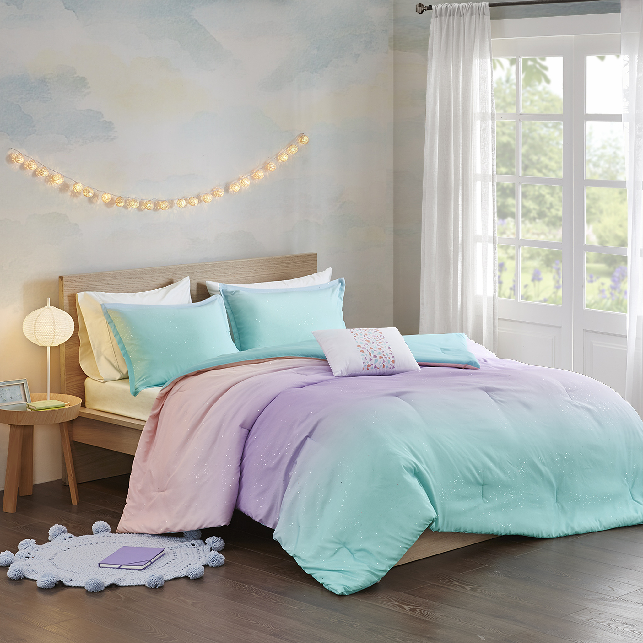 Polyester Glitter Printed Queen Comforter Set In Aqua by Olliix