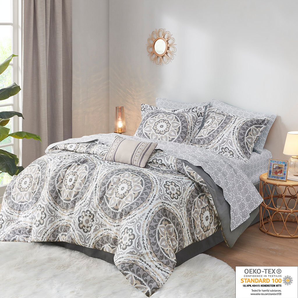Polyester Microfiber Printed 7Pcs Twin Comforter Set In Taupe by