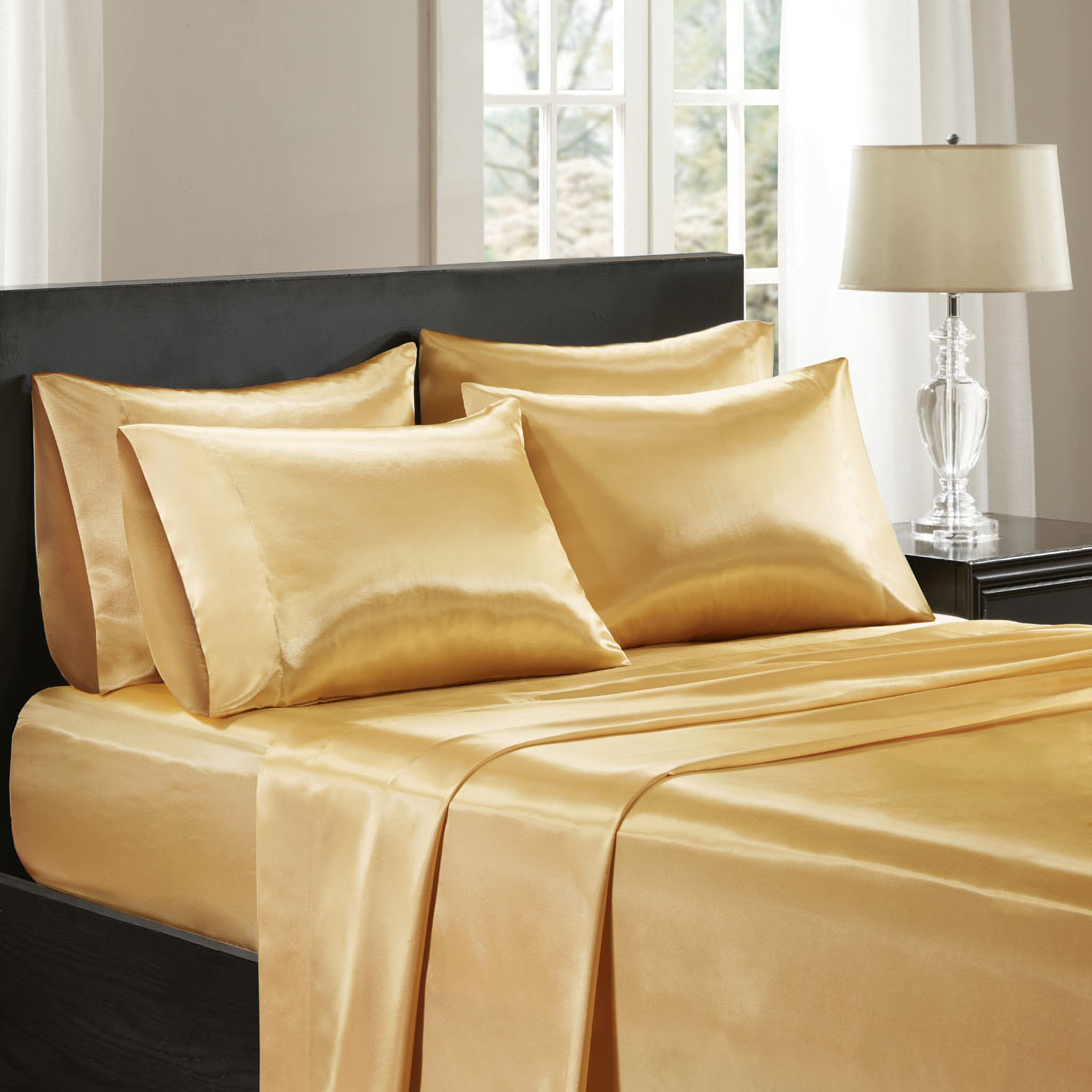 Polyester Satin Solid Queen Sheet Set In Gold by Olliix