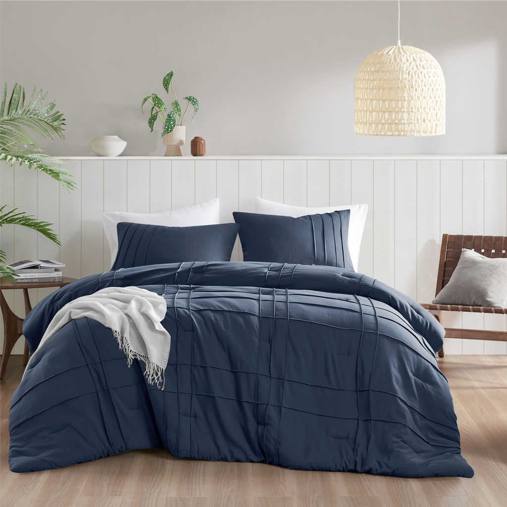 Porter Soft Washed Pleated Comforter Set In Navy by Olliix 1StopBedrooms
