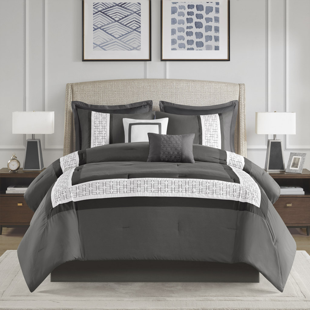 Powell 8 Piece Embroidered Comforter Set In Dark Grey by Olliix