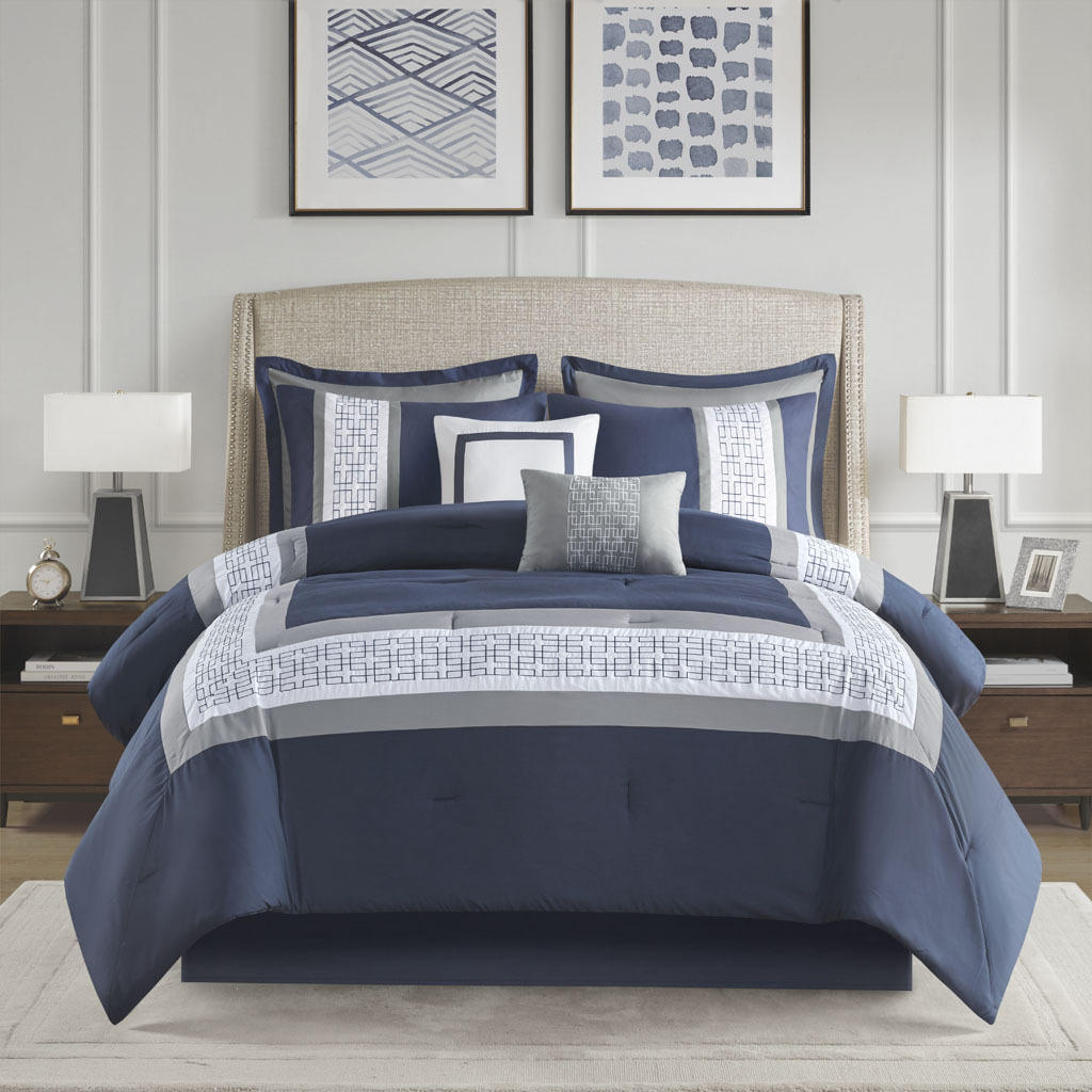 Powell 8 Piece Embroidered Queen Comforter Set In Navy by Olliix