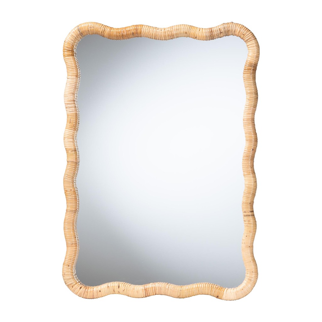 Rasida Scalloped Natural Rattan Rectangle Wall Mirror In Light Honey