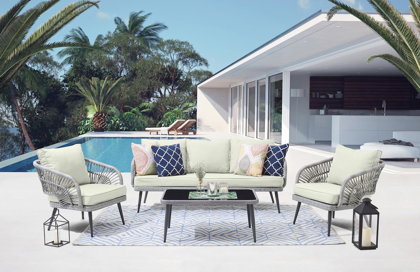 Riviera Rope Wicker 4-Piece 5 Seater Patio Conversation Set With ...