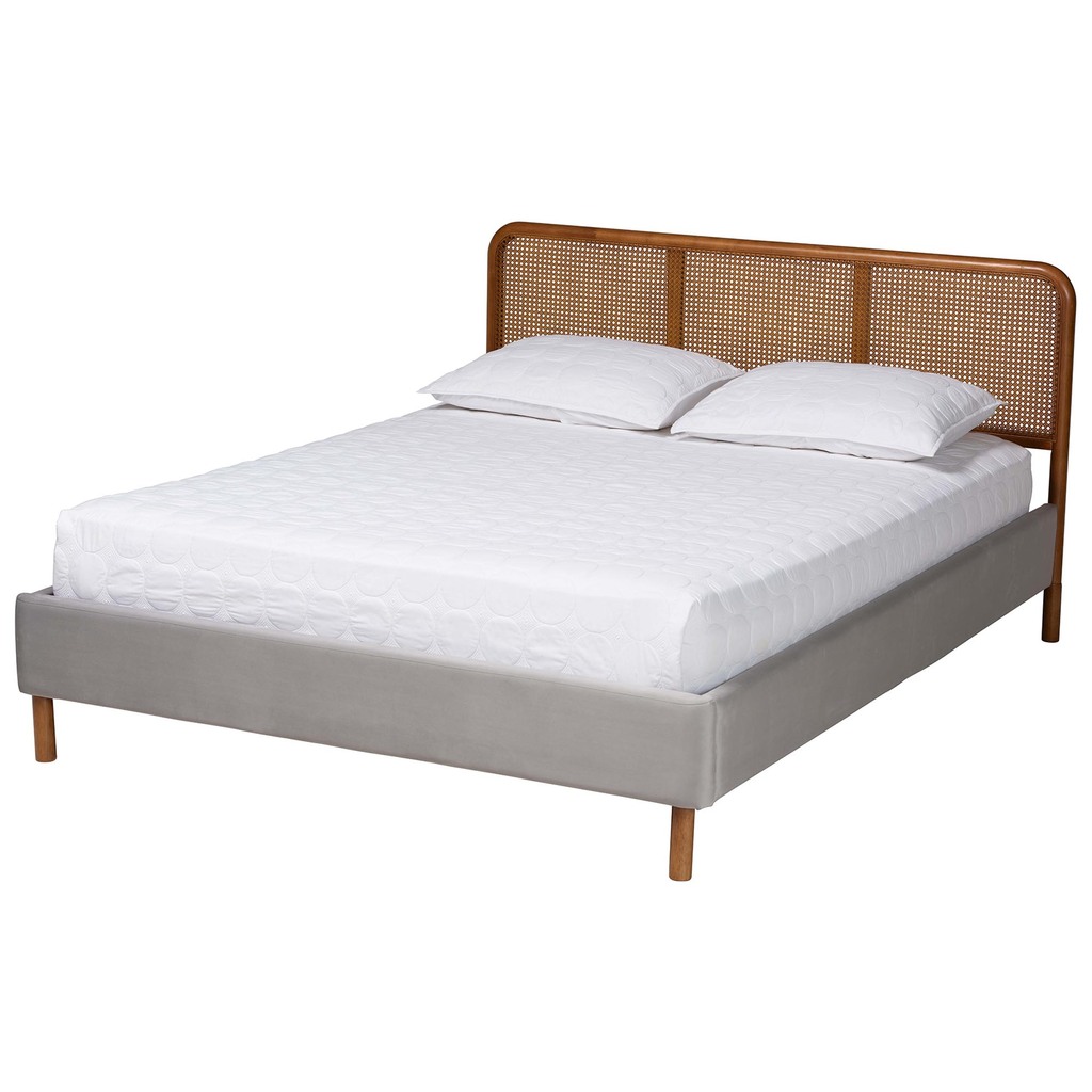 Rosita Velvet Fabric and Wood Queen Platform Bed In Light Grey and