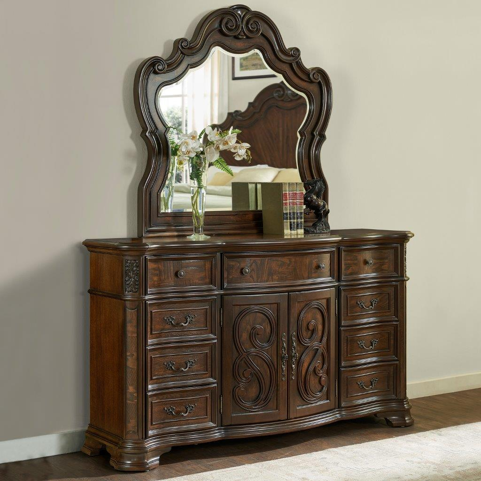 Best Master Furniture Bessy Traditional Cherry Wood Dresser and Mirror
