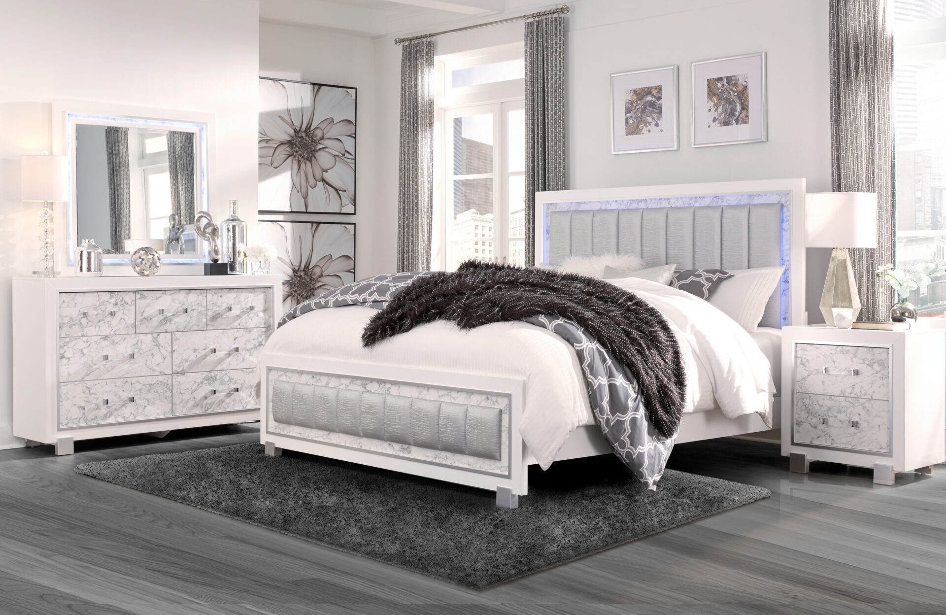 Santorini Bedroom Set In Metallic White Marble by Global Furniture USA | 1StopBedrooms