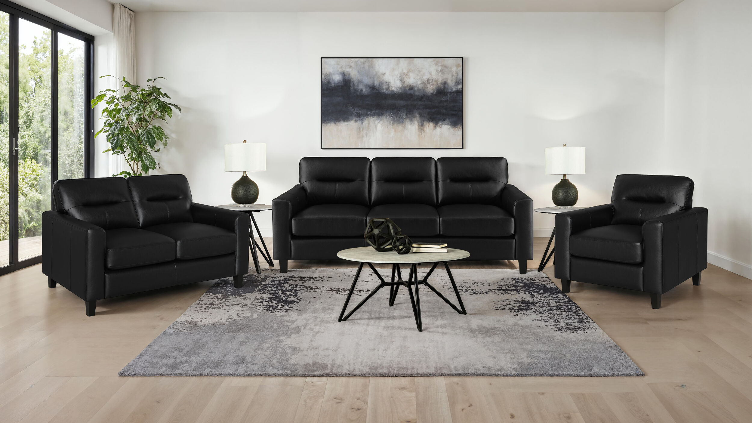 Scotland Faux Leather Upholstered Track Arm Living Room Set In Black by ...