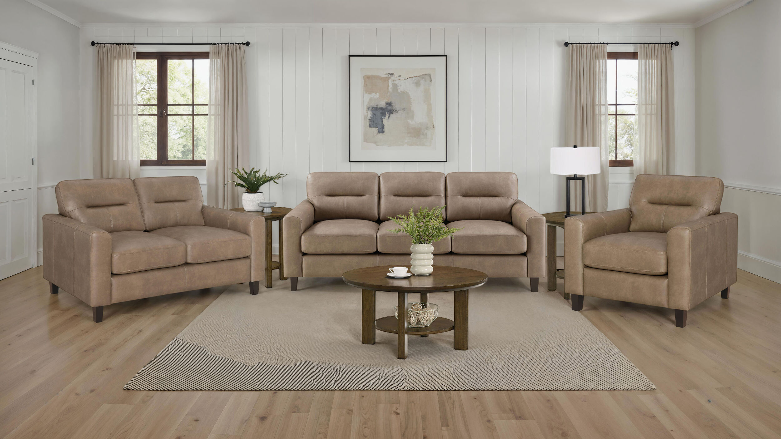 Scotland Faux Leather Upholstered Track Arm Living Room Set In Brown by ...