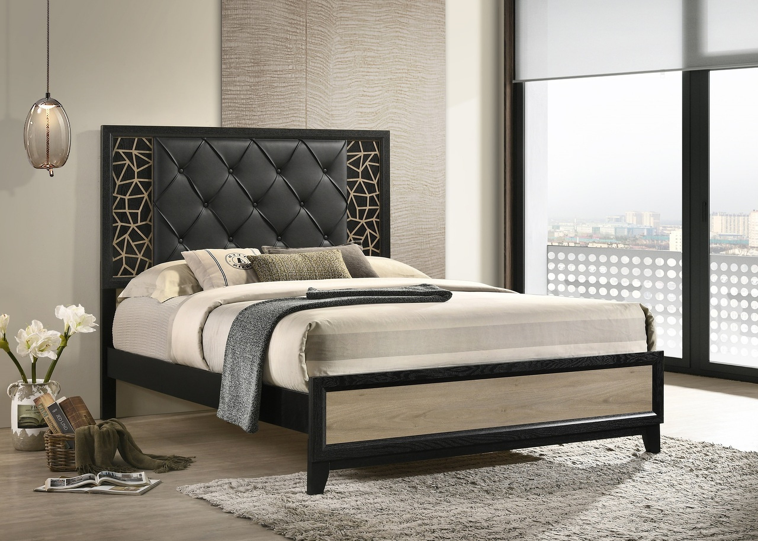 Selena Upholstered King Bed with Wooden Pattern In Black by Galaxy