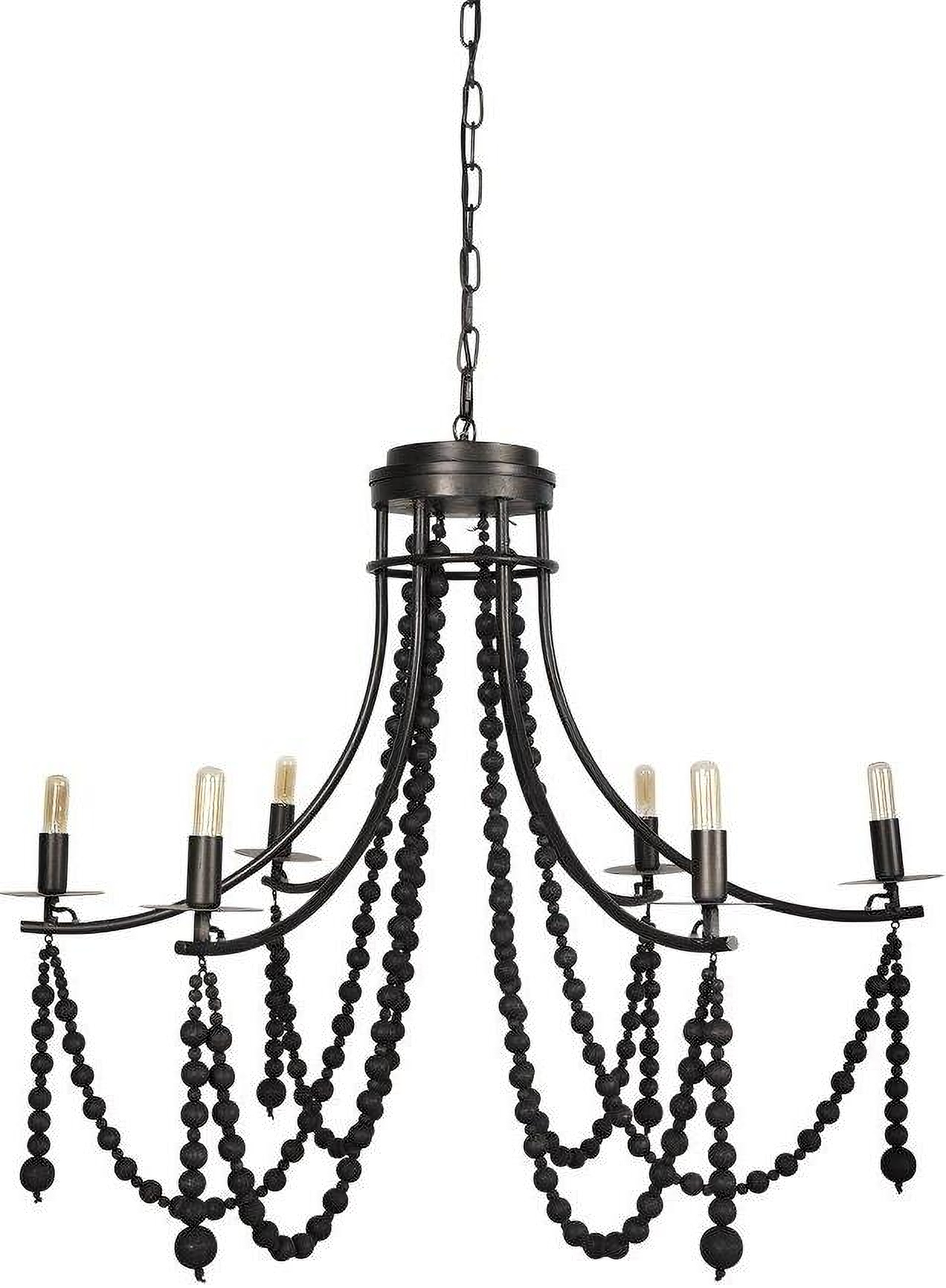 Image showcasing Selma Black Wood Bead And Metal Chandelier by Mercana | 1StopBedrooms