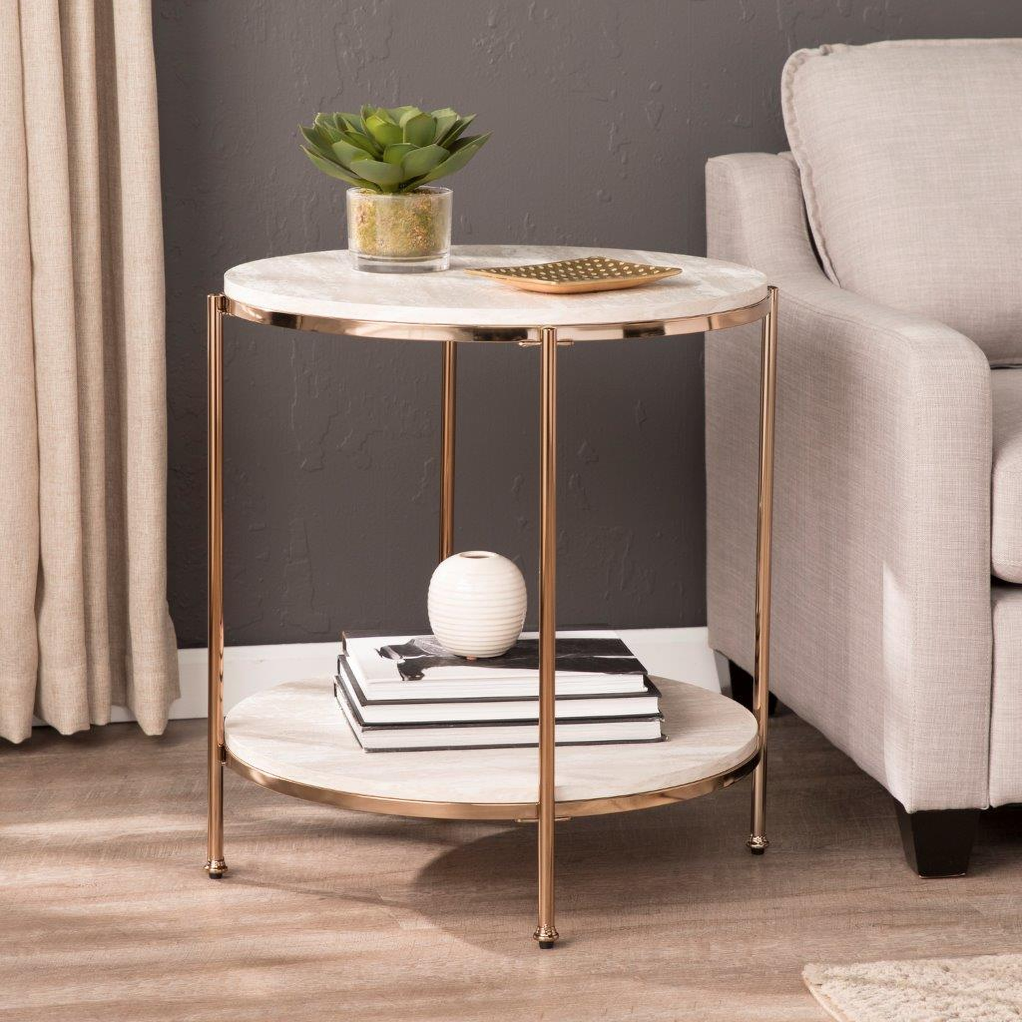 Silas Round Faux Stone End Table In Champagne by SEI Furniture ...