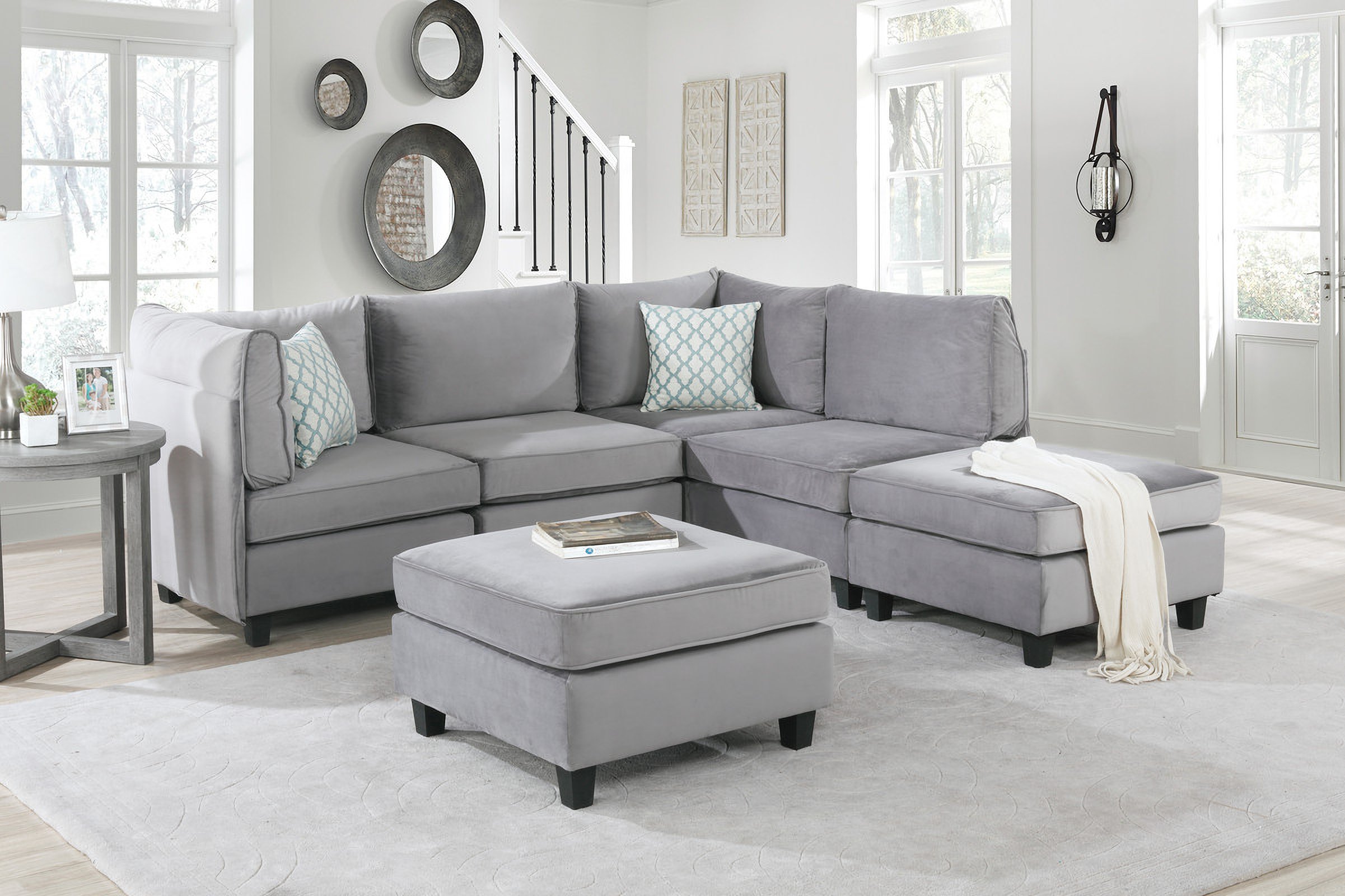 Simona Gray Velvet 6 Piece Modular Sectional Sofa by Lilola Home ...