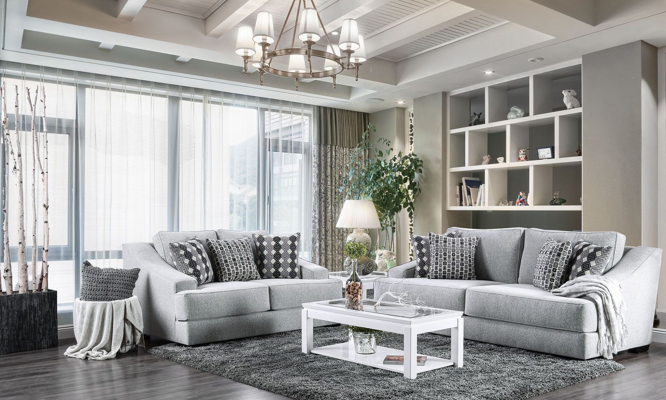 Living Room Light Gray Sofa And Gold Lamp