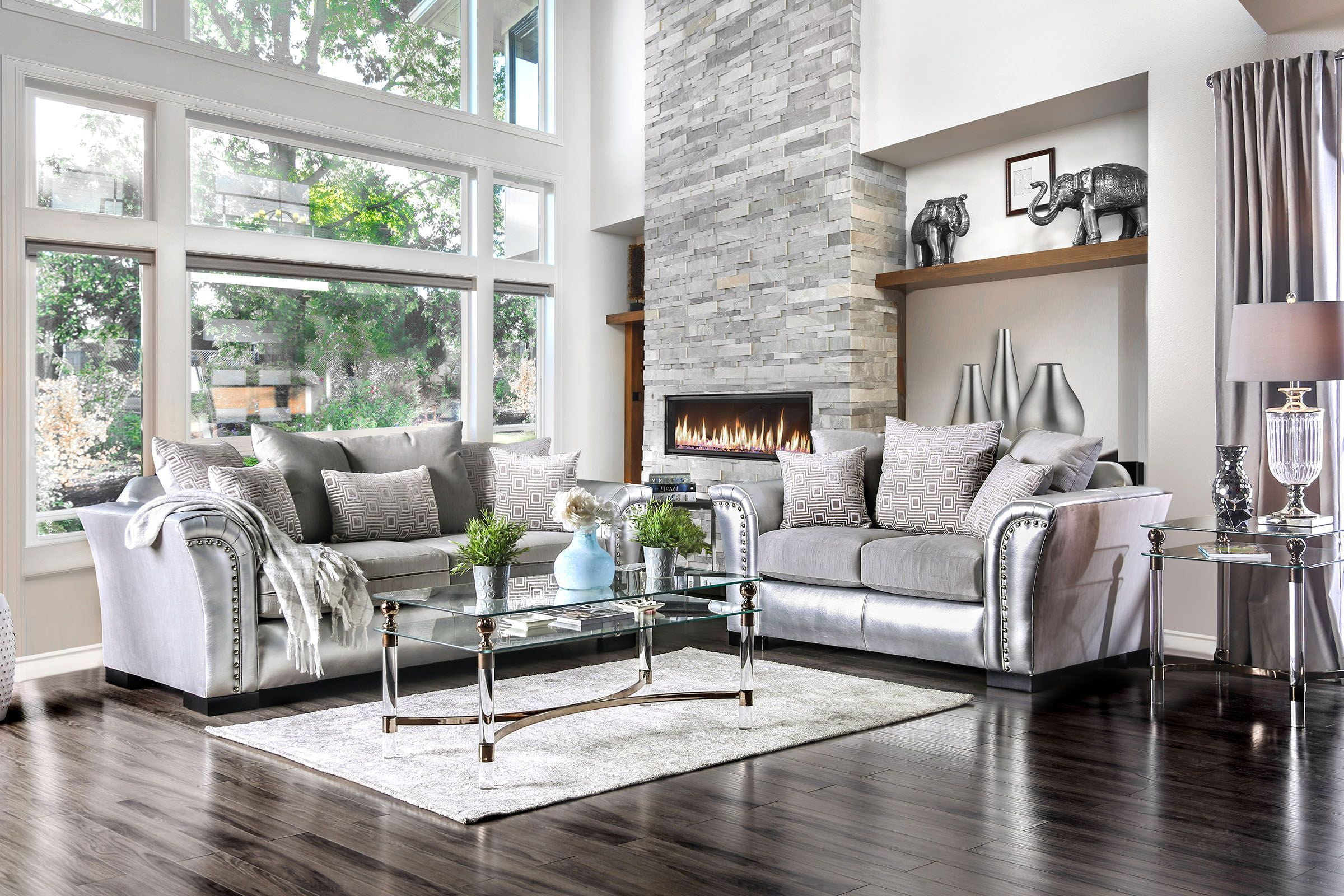 Benigno Silver Living Room Set, Silver Living Room Furniture Sets