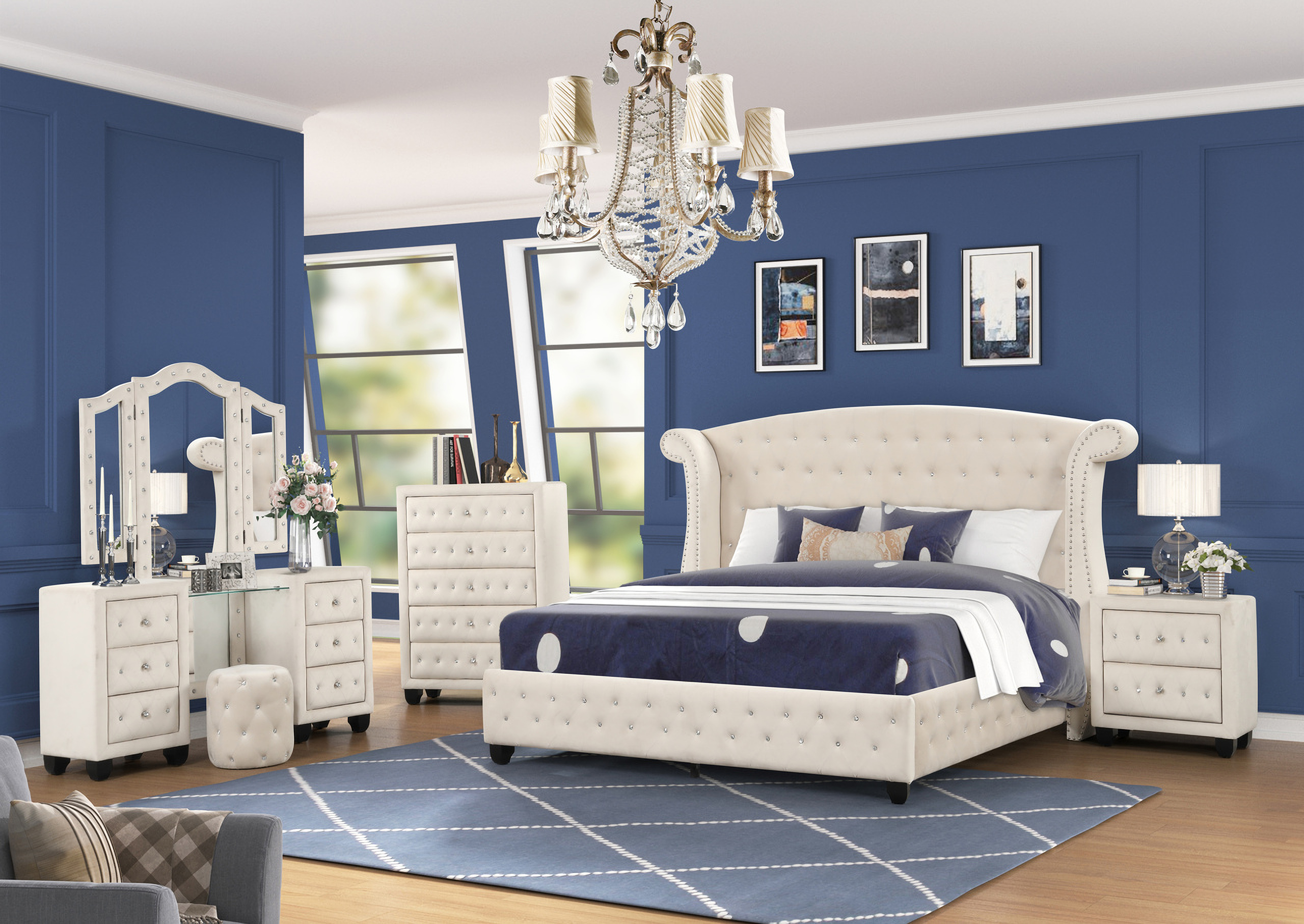 Sophia Crystal Tufted 4PC Vanity Queen Bedroom Set In Cream by Galaxy Home  Furnishings | 1StopBedrooms, image size:2560x1814
