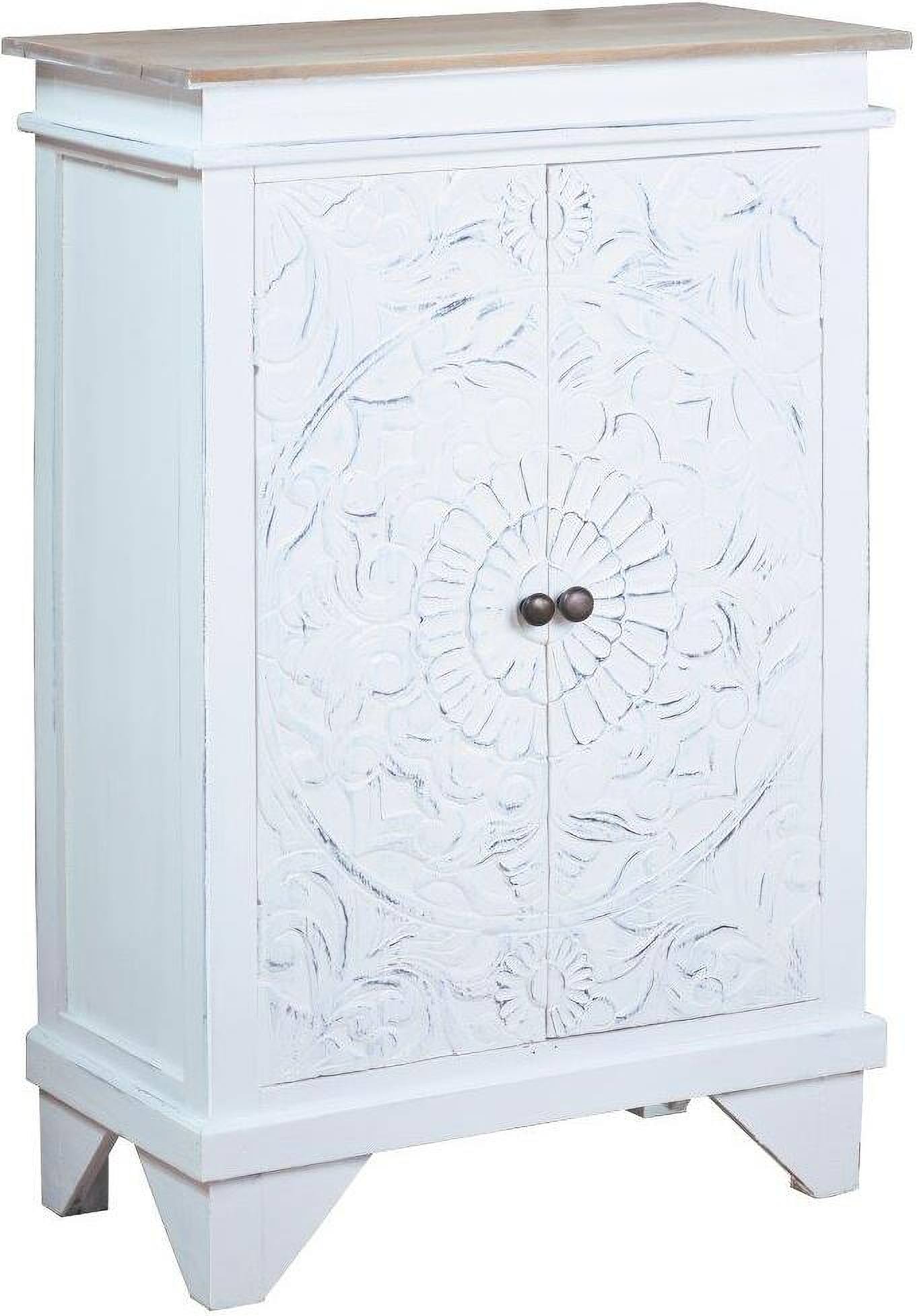 Sunset Trading Cottage Solid Wood Carved Accent Cabinet Distressed White & Driftwood Brown