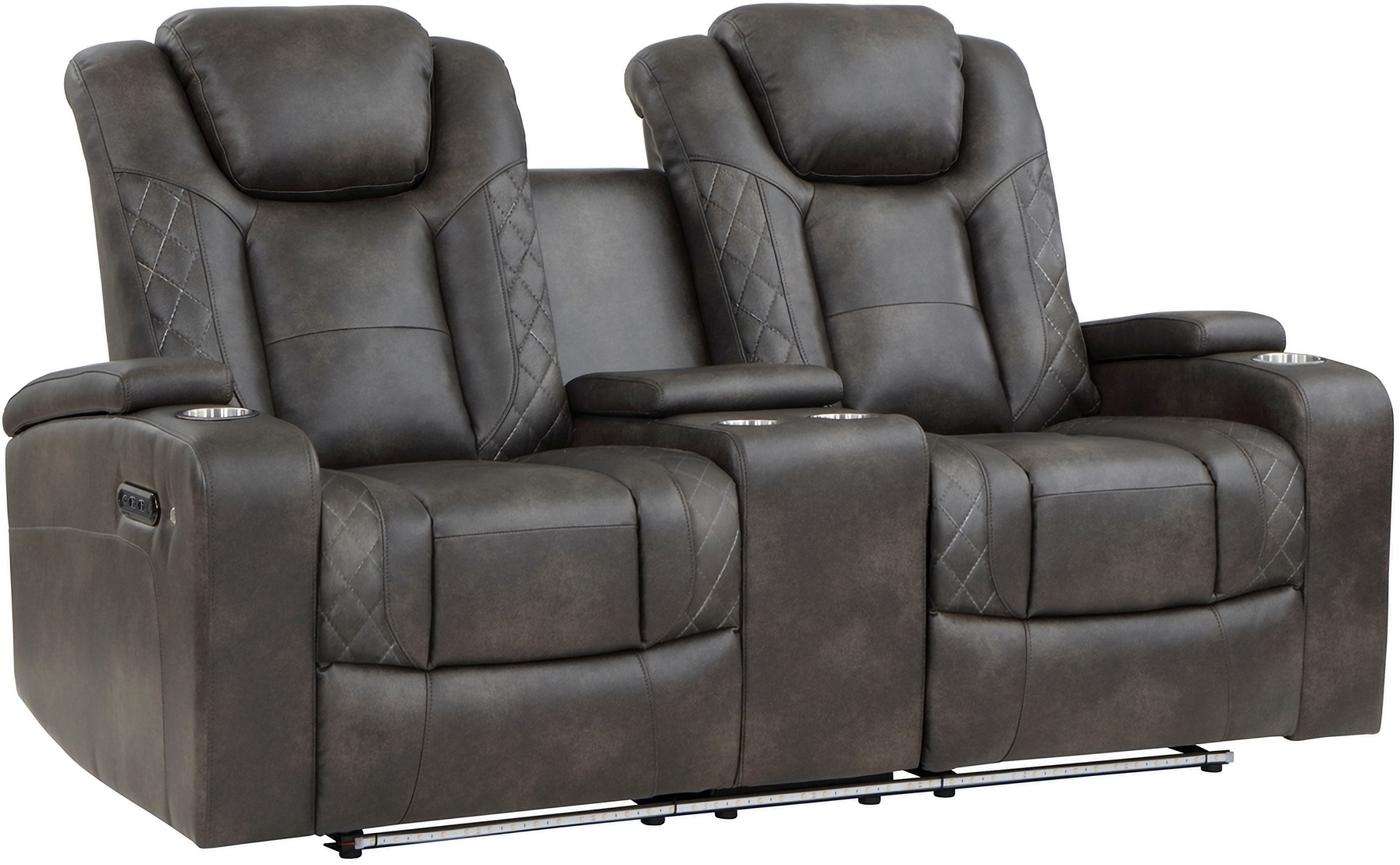 Tabor Power Double Reclining Love Seat With Center Console And Power Headrests In Brown And Gray Tabor Power Double Reclining Love Seat With Center Console And Power Headrests In Brown And Gray