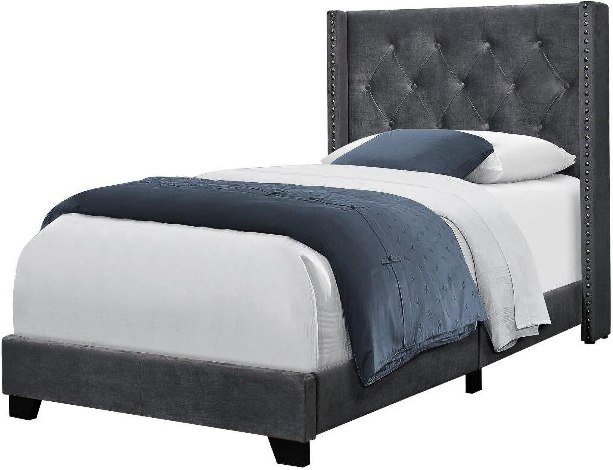 Twin Size Bed In Dark Grey Velvet With Chrome Trim I 5986T by