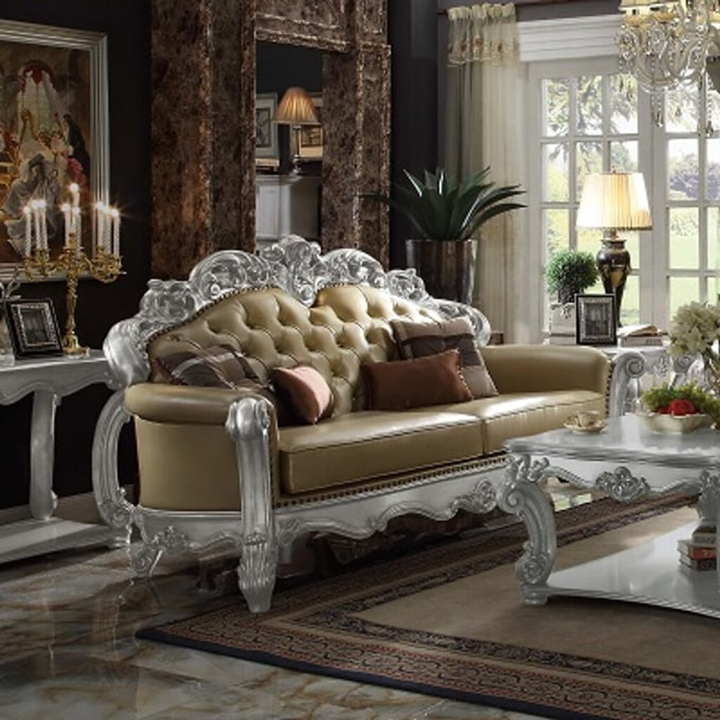 Vendome Sofa With 4 Pillows In Bone Pu And Silver Patina by ACME