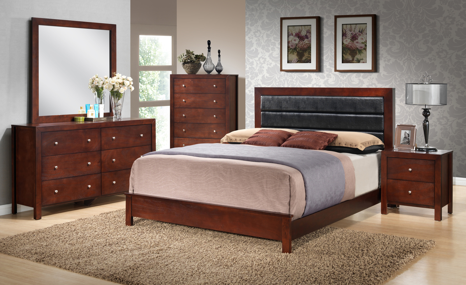 Glory Furniture G2400 Upholstered Panel Bedroom Set in Cherry