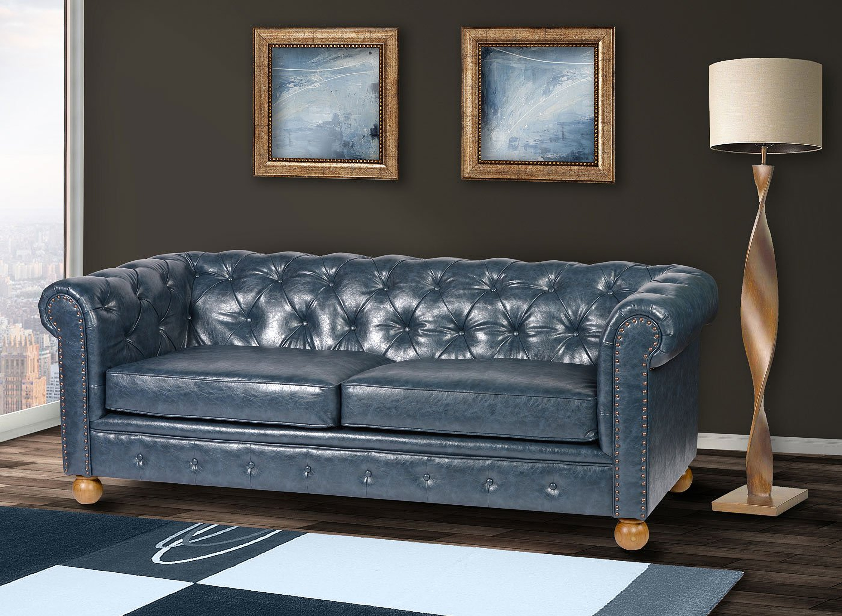 armen living winston antique blue bonded leather sofa