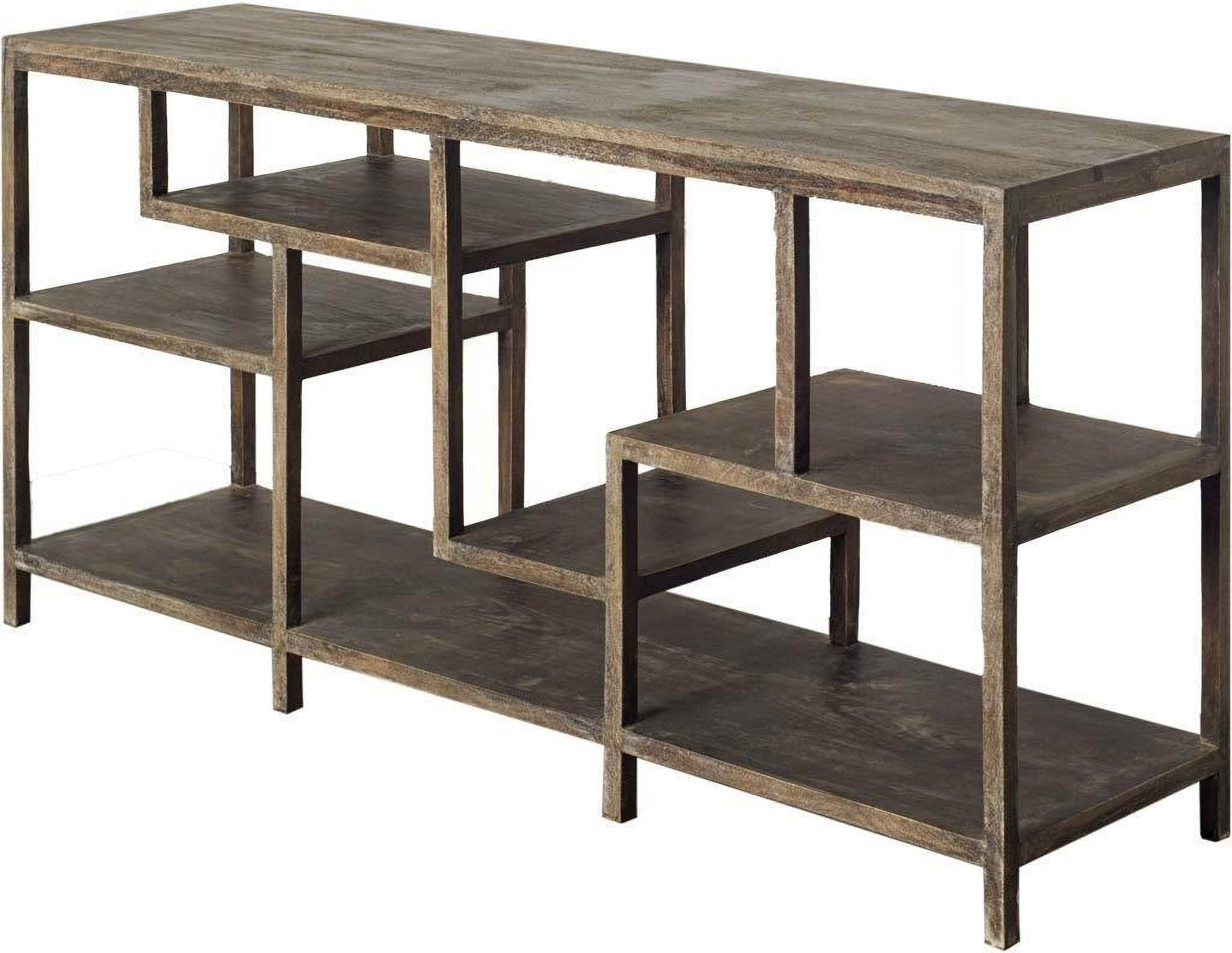 Light Brown Mango Wood Finish Console Table With Multi Level Shelf Design