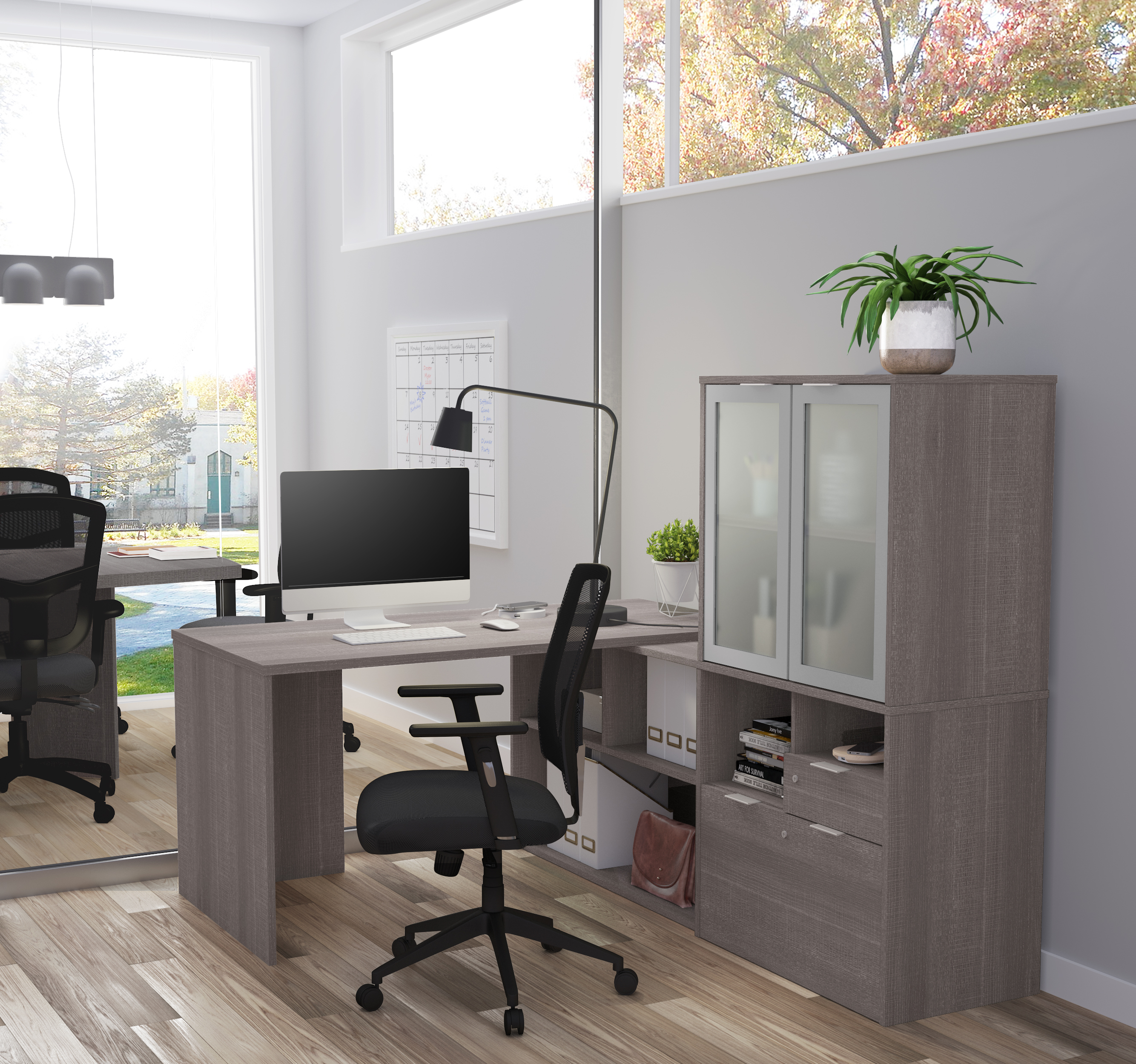 I3 Plus L-Desk With Frosted Glass Door Hutch In Bark Gray ...