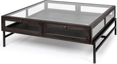 Medium Brown Wood Side Table With Square Top And Iron Cross Braced Medium Brown Wood Side Table With Square Top And Iron Cross Braced