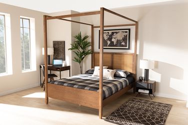 Baxton Studio Malia Modern and Contemporary Walnut Brown Finished Wood and Synthetic Rattan King Size Canopy Bed