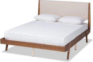 Baxton Studio Senna Mid-Century Modern Beige Fabric Upholstered and Walnut Brown Finished Wood King Size Platform Bed
