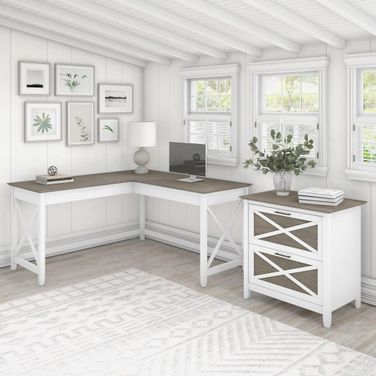 Bush Furniture Key West 60W L Shaped Desk With 2 Drawer Lateral File Cabinet In Pure White And Shiplap Gray 1StopBedrooms