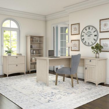 Bush Furniture Salinas 60W L Shaped Desk with Lateral File Cabinet and 5 Shelf Bookcase in Antique White 1StopBedrooms