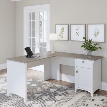 Bush Furniture Salinas 60W L Shaped Desk with Storage in Pure White and Shiplap Gray 1StopBedrooms