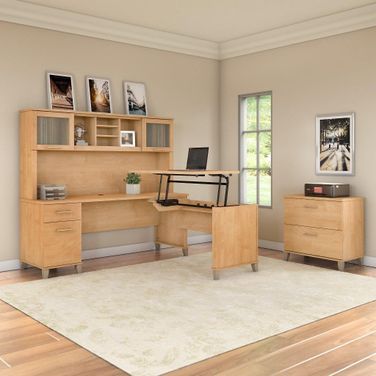 Bush Furniture Somerset 72W 3 Position Sit To Stand L Shaped Desk with Hutch and File Cabinet in Maple Cross 1StopBedrooms