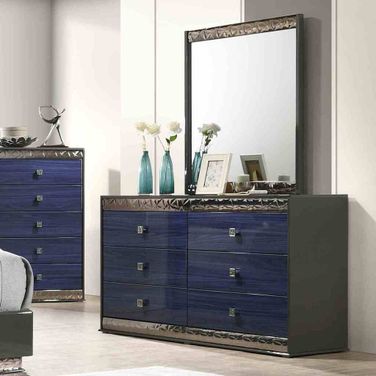 Furniture of America Kensing Adult Glam 6-Drawer Dresser, Ash Gray and Indigo Blue