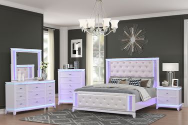 Opium 4 Piece Storage Queen Bedroom Set with LED Headboard In Off White