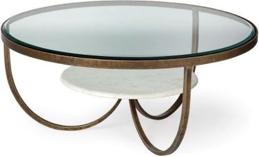 Round Glass Top Metal Side Table With Marble Shelf On Bottom
