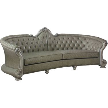 113 Inch Faux Leather Sofa and Toss Pillows with White Legs In Bone
