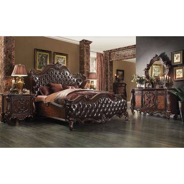 Acme Versailles Upholstered Bedroom Set in D.Brown PU/Cherry Oak