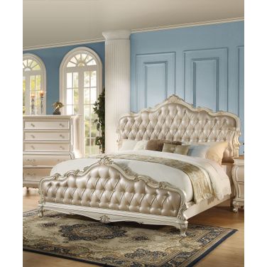 Acme Chantelle King Bed with Button Tufted Panels in Pearl White