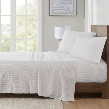 200 Thread Count Printed Cotton 4 Piece Queen Sheet Set In Grey Stripe