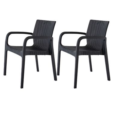 24 Inch Faux Rattan Heavy Duty Plastic Outdoor Stacking Arm Chairs Set of 4 In Black