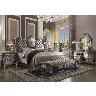 Versailles Velvet and Antique Platinum Upholstered Panel Bedroom Set