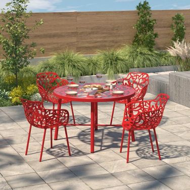 4 LeisureMod Devon Red Aluminum Arm Chairs