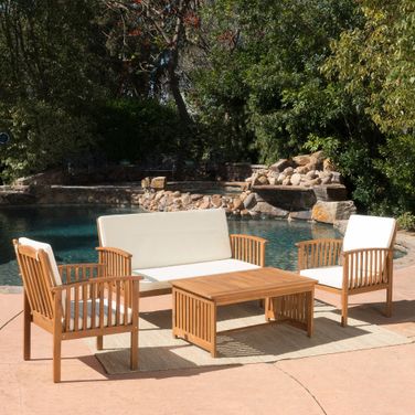 4-Piece Wooden Patio Set with Coffee Table, 2 Chairs and Loveseat In Beige