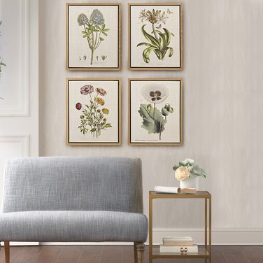 4Pc 16X20 Framed Linen Canvas Set With Herbal Botany In Green