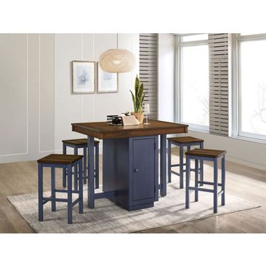 5 Piece Counter Height Table Set In Antique Dark Oak and Muted Blue