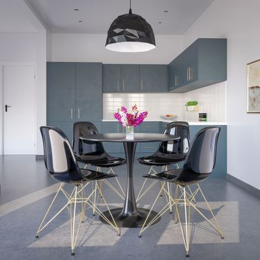 5 Piece Dining Set with 35 Inch Round Dining Table In Black Iron and 4 Abs Plastic Side Chair In Chrome and Transparent Black