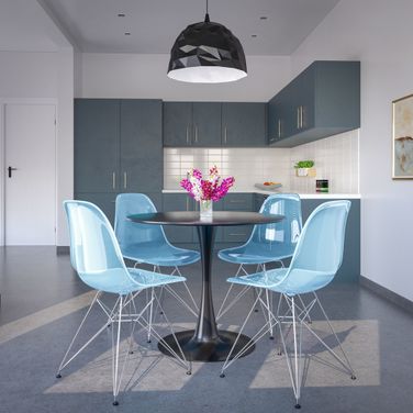 5 Piece Dining Set with 35 Inch Round Dining Table In Black Iron and 4 Abs Plastic Side Chair In Chrome and Transparent Blue